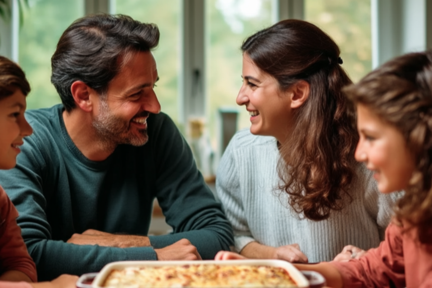 Family of four sitting around a table with a casserole dish, smiling and enjoying each other's company.