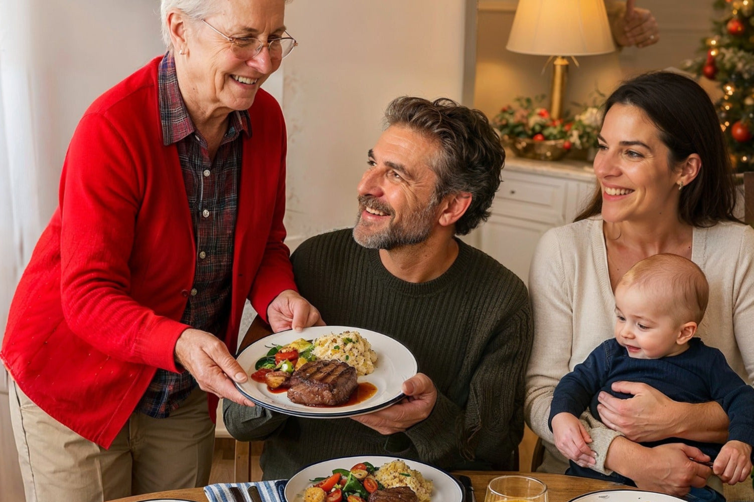 Family gathered around a table for a meal with a newborn